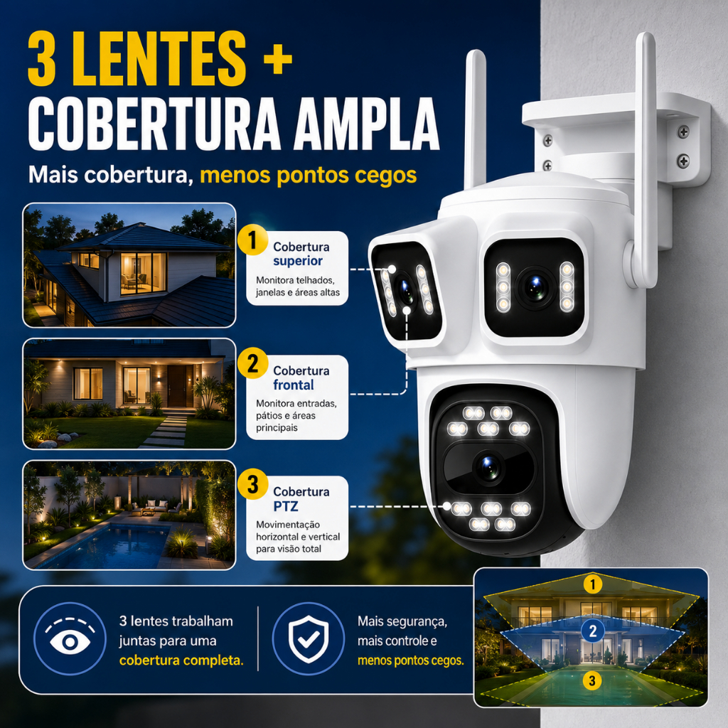 Detalhes do Câmera Segurança WiFi 3 Lentes 8MP IP66 Visão Noturna Áudio Duplo iCSee