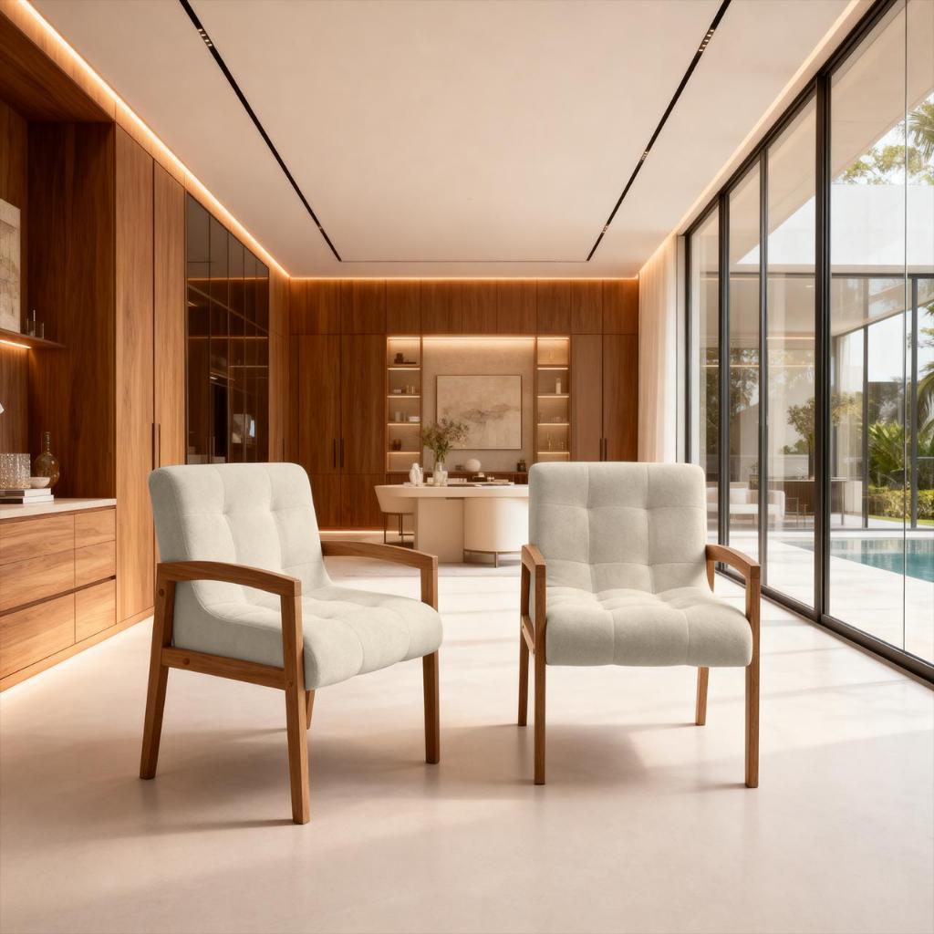 Kit Cadeira Poltrona Base Madeira  Versátil para Mesa de Jantar Escritório Sala de Estar Luxo