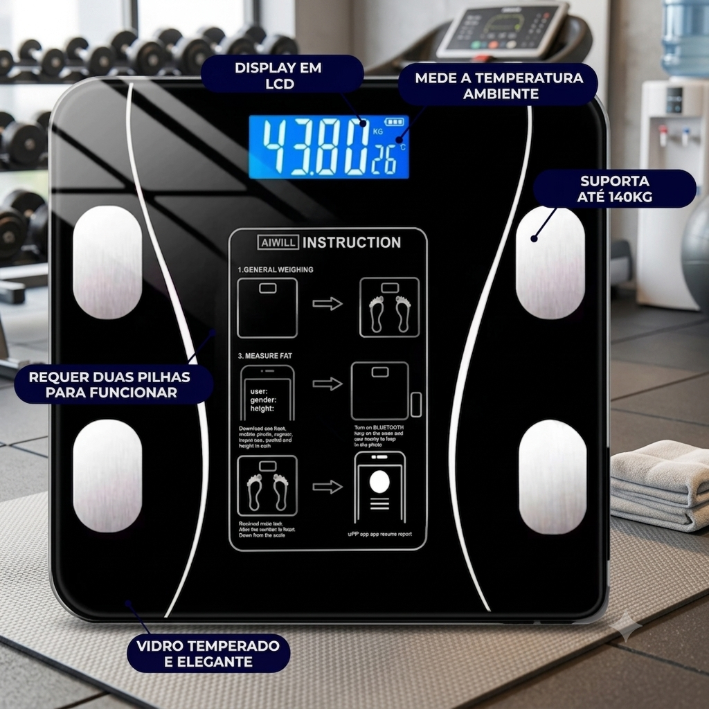 Balança De Bioimpedância Digital Corporal Bluetooth Smart Inteligente Com App Aplicativo Celular Academia Dieta Gordura