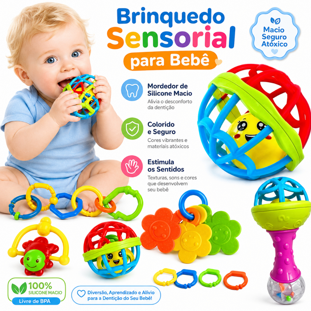 KIT Brinquedo Bebe Chocalho Mordedor Silicone Macio Bola Colorida Presente Para Menina e Menino