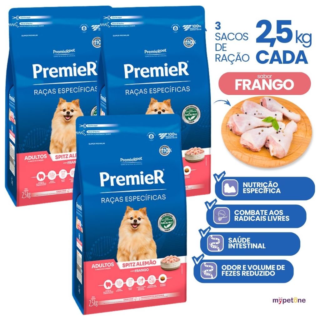 Kit 3 Ração Premier Pet Raças Específicas Cães Adultos Spitz Alemão Sabor Frango - 2,5 Kg