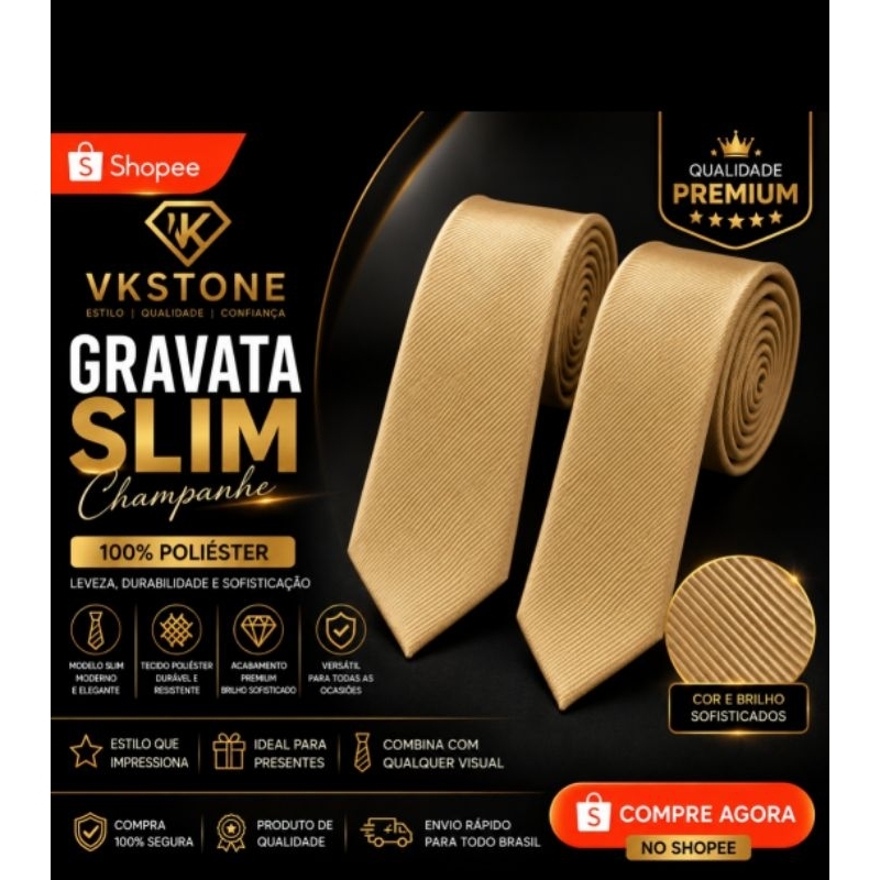 Gravata Slim Masculina Champanhe - Casamentos e Eventos e Congresso