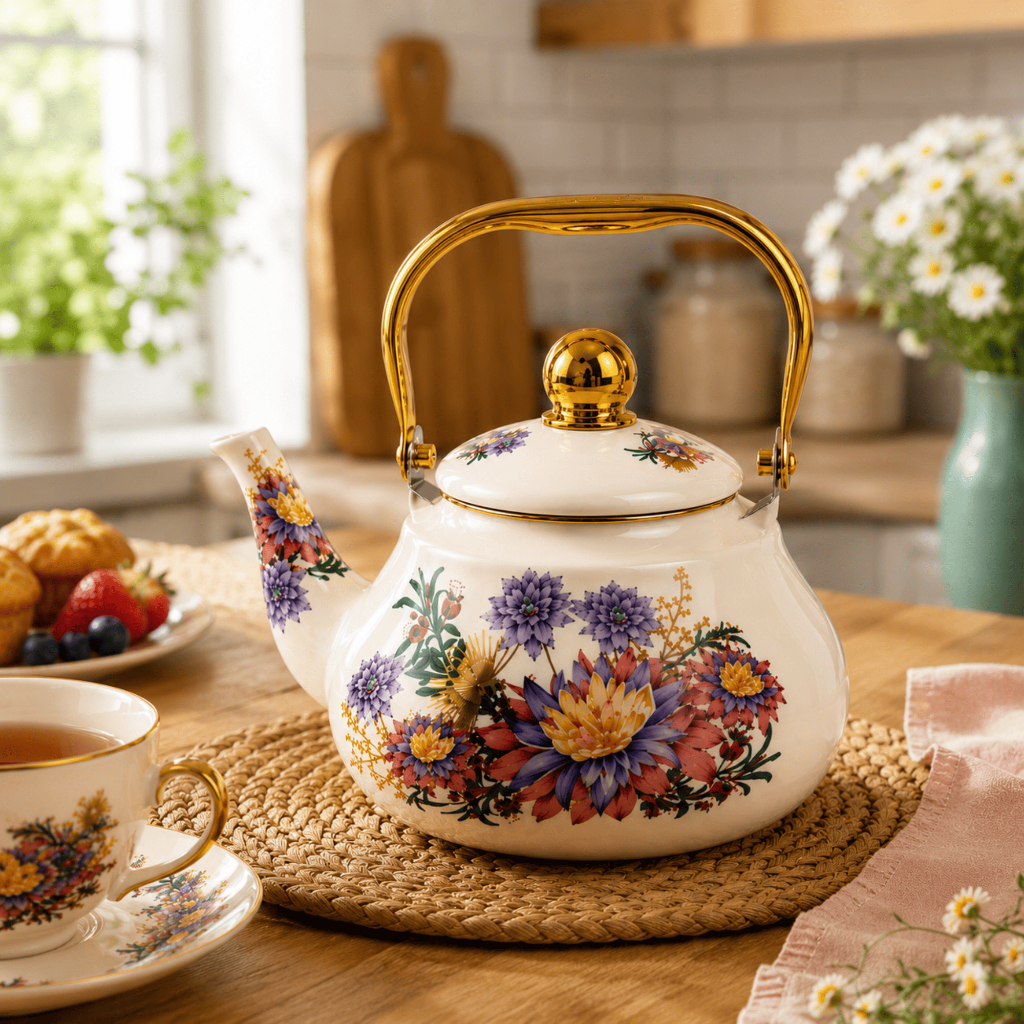 Chaleira Esmaltada Vintage 1.5 Litros Fundo Indução Fogão Gás Chá Café Bule Estampada CHEF D