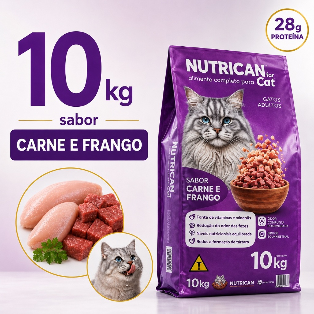 Ração Para Gato Adulto 10,1kg Nutrican Sabor Carne Frango 28g Proteína Sem Corante