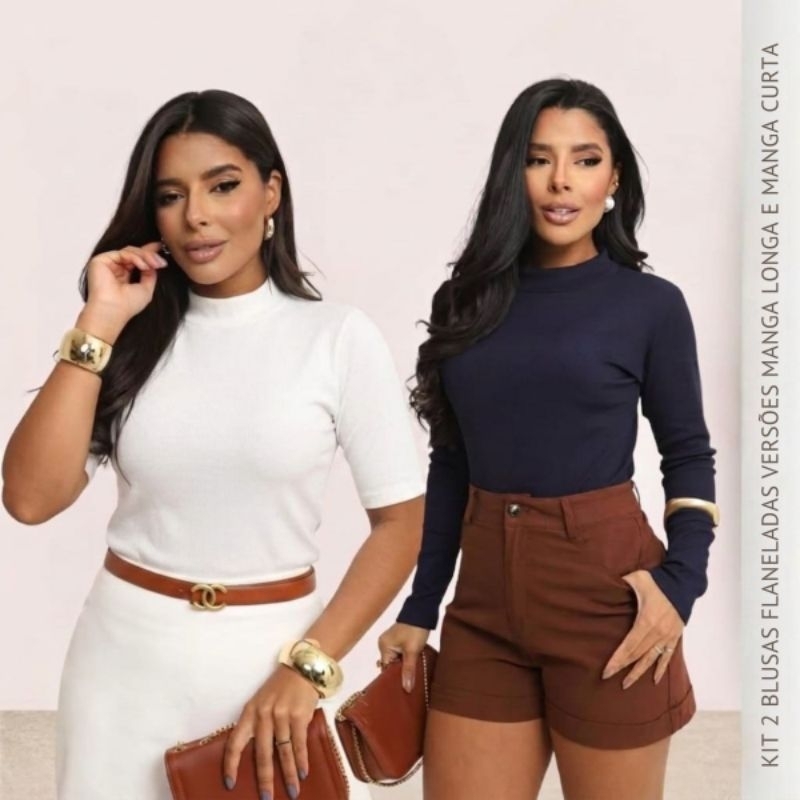 Kit 2 Blusas Femininas Canelada Flanelada Térmica Gola Alta Manga Longa E Manga Curta Inverno Segunda Pele Cacharrel