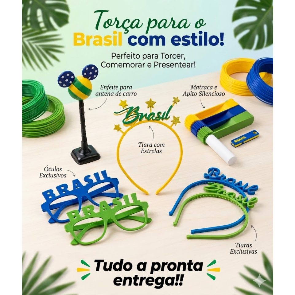 Kit Torcedor Brasil 6 Itens Óculos Tiara e Matraca Verde Amarelo Azul Acessórios Torcida Copa