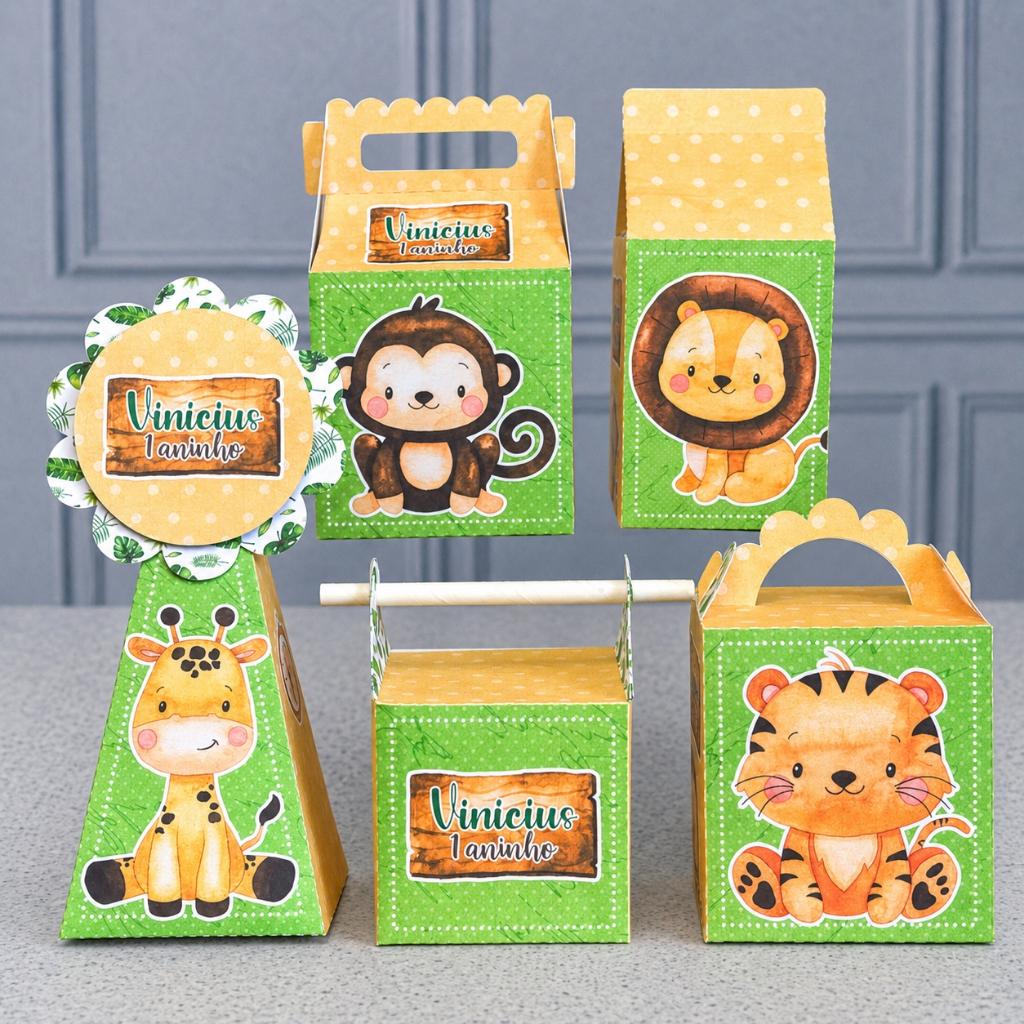 Kit 20/30/40/50 Caixinhas Personalizadas Safari menino 2 festa personalizada lembrancinhas de aniversário Pegue e Monte