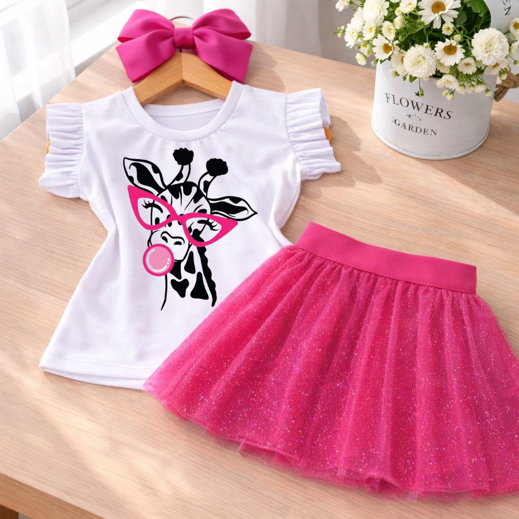 Conjunto infantil tendência menina estampa de girafa fofa com chiclete saia e blusa fashion feminino