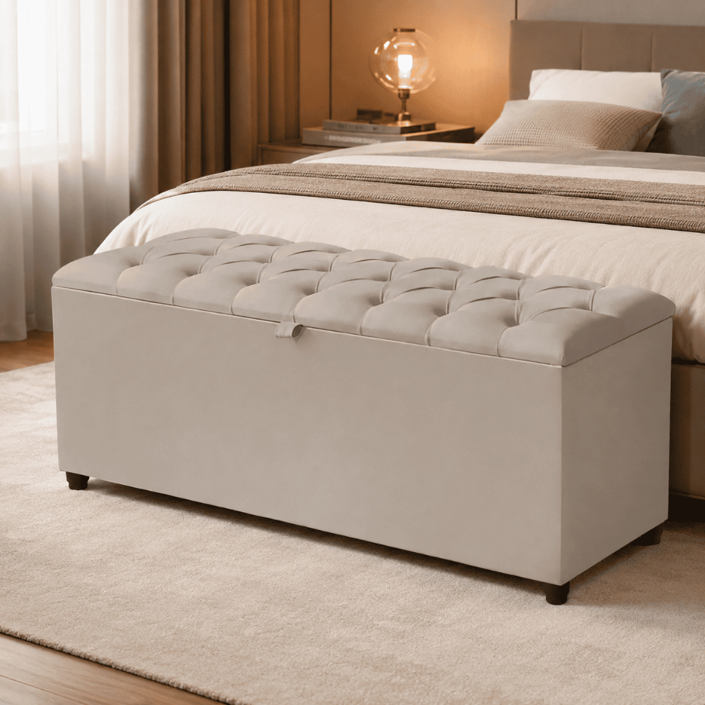 Baú Puff Recamier 80cm Suede Banco Estofado Multiuso Organizador Sapateira Espaçosa Acabamento Premium Luxo Cor Bege