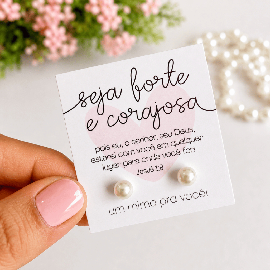 Kit Tag Seja Forte e Corajosa Com Brinco Pérola 6mm Seja Forte e Corajosa 25 a 125 Unidades