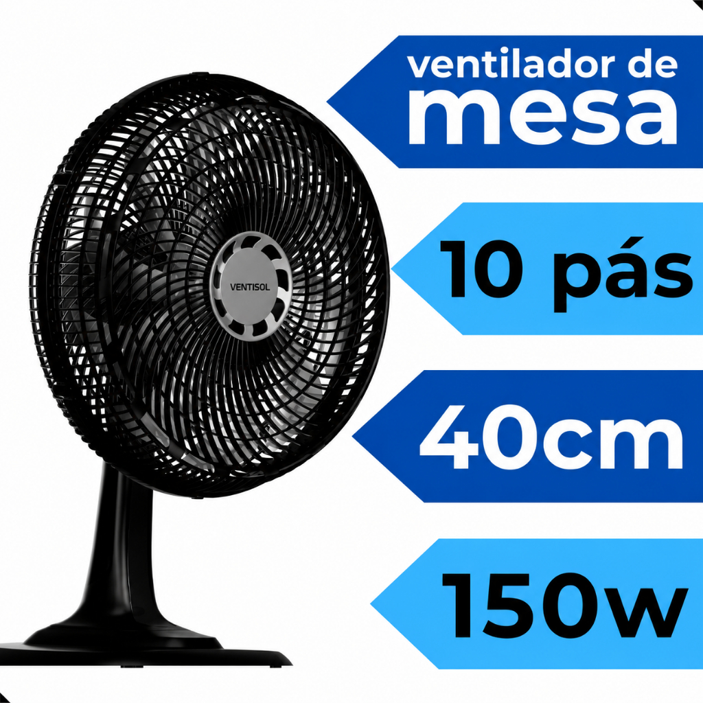 Ventilador Mesa Ventisol 40cm 10 Pás Super Potente 150W Silencioso Alta Vazão de Ar