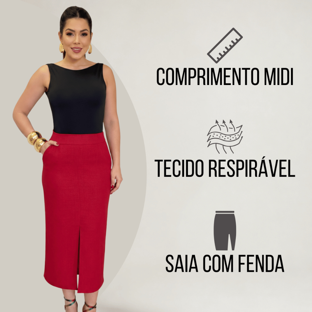 Saia Midi Alfaiataria Feminina Fenda Frontal Moda Social Elegante Cintura Alta