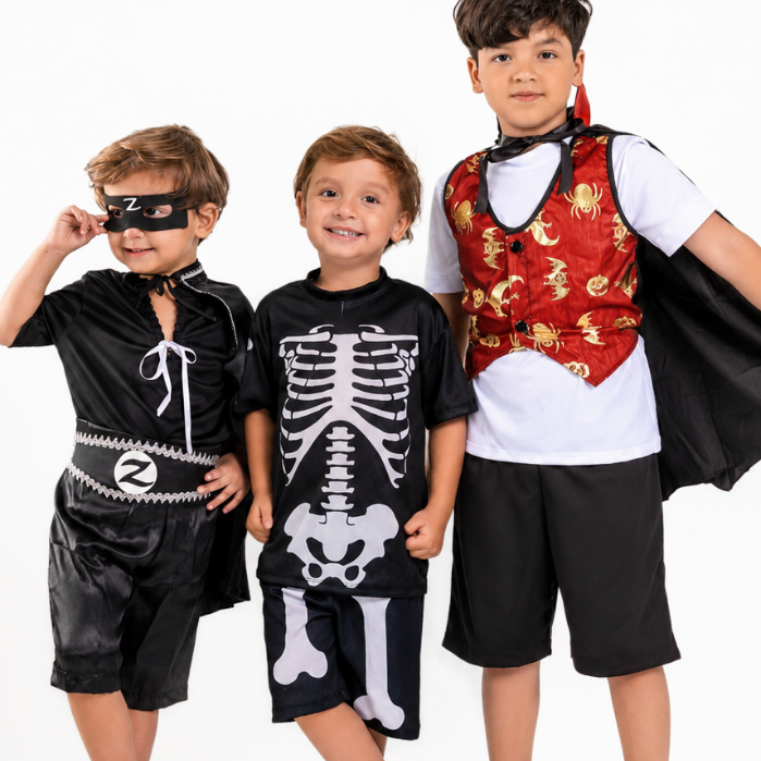 Fantasia Infantil Menino Blusa e Short Festa, Aniversário, Carnaval Zorro Esqueleto Vampiro Dracula