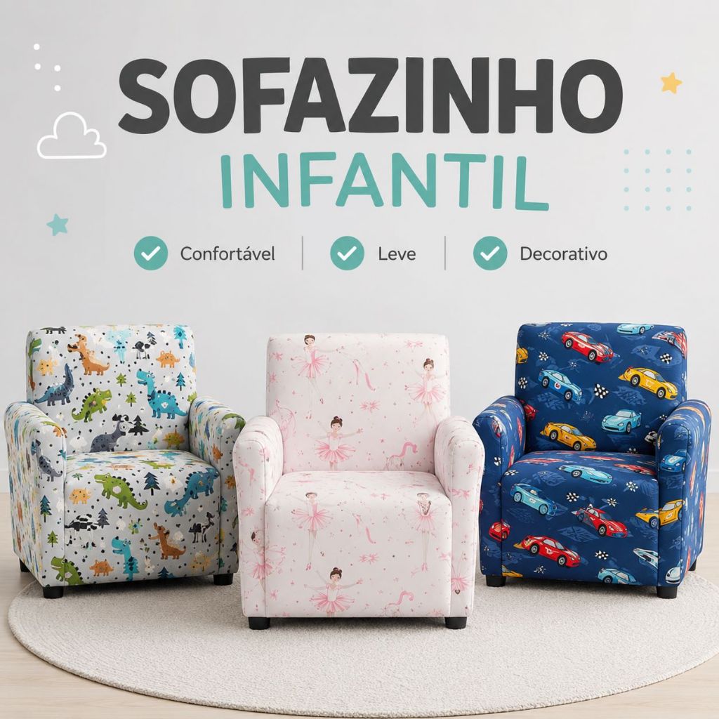 Poltrona Infantil Sofazinho Criança Decorativo Dinossauro Bailarina Carros Confortável