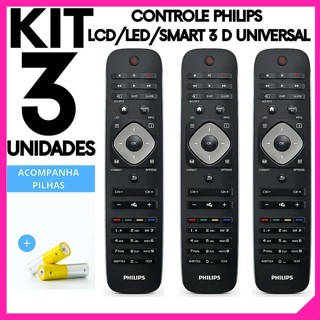 Controle Remoto Philips Smart TV 3D / LCD / LED Universal Alta Compatibilidade + 6 Pilhas AAA