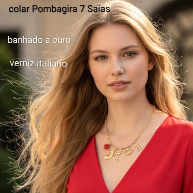 Colar Dona Sete Saias, Pombagira cigana, 6 pingentes, banhado a ouro, verniz italiano,Tridente,leque, sete,rosa, coraçao