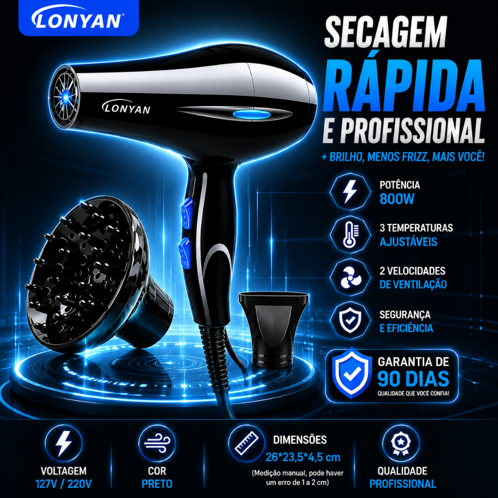 Secador de Cabelos Profissional com Difusor LONYAN 220V 127V 110V tecnologia com Ion 5 Níveis Quente Frio Silencioso