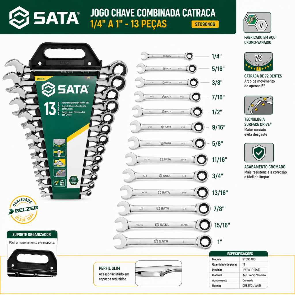 Jogo Chave Combinada Catraca 1/4 À 1'' 13 peças Sata St09040g