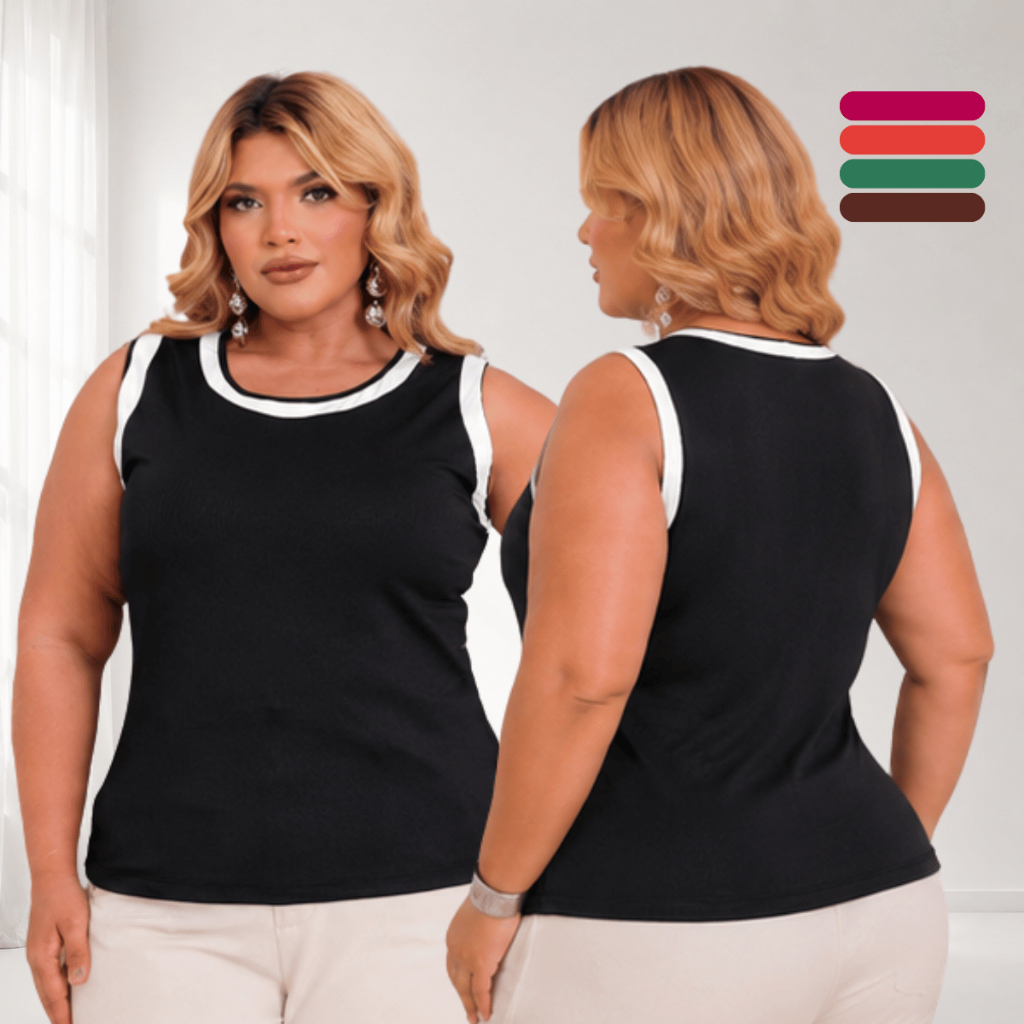 Blusa Regata Feminina Plus Size Canelada Bicolor Gola Redonda Sem Manga Casual Elegante