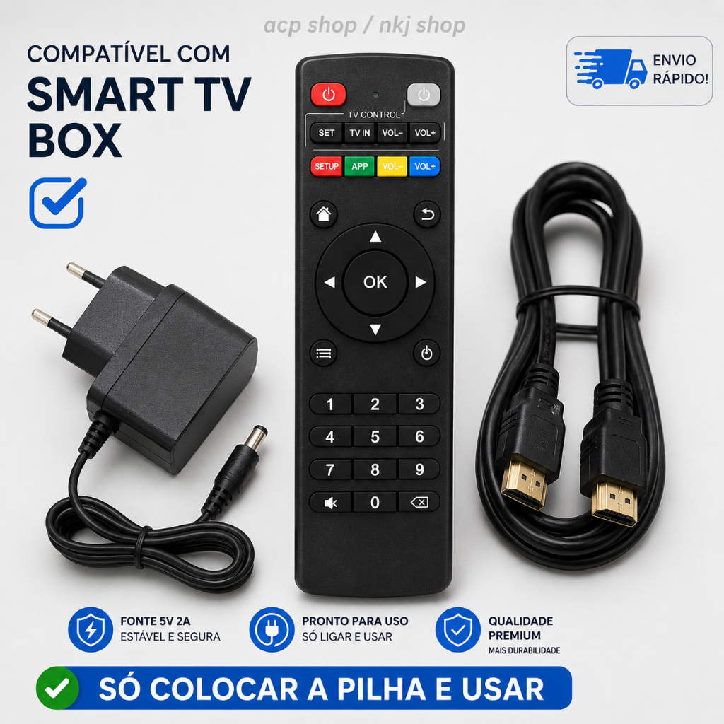 Kit completo Controle Remoto Universal Smart Box Tv + Fonte De Energia de 5v 2a + Cabo hdmi de 1m