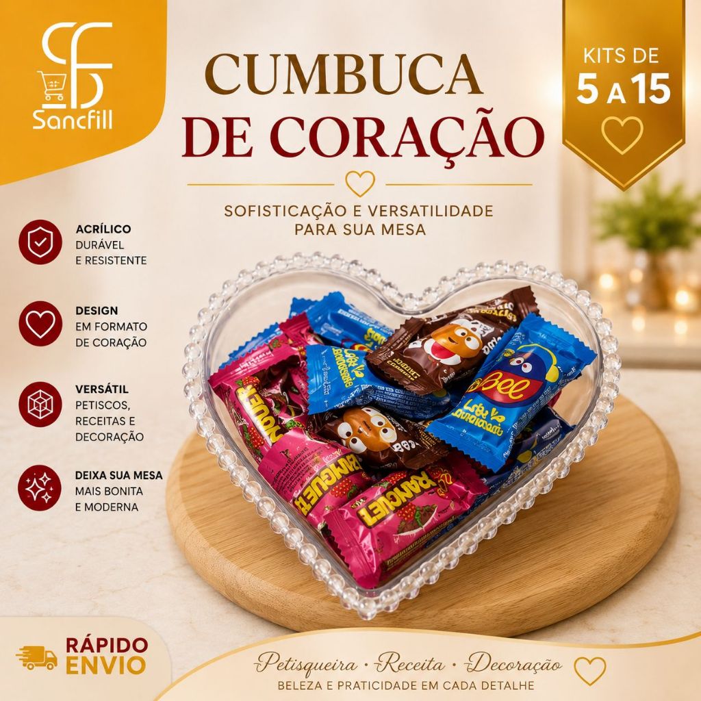 Detalhes do Kit 5 a 15 Bowl Acrílico Coração 300ml Petisqueira Sobremesa Café da Manhã Festa