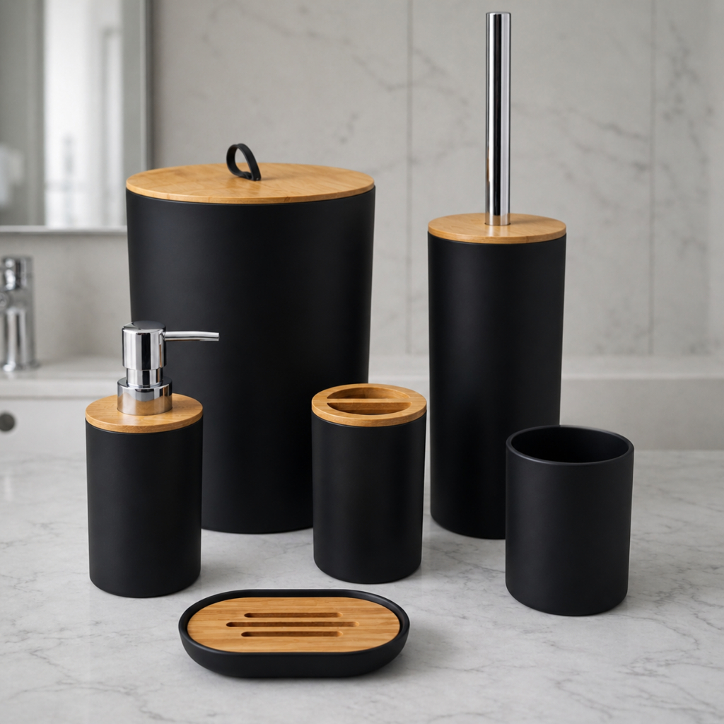 Conjunto de Banheiro Completo com 6 ou 4 peças Lixeira com Tampa Basculante Bambu para Lavabo