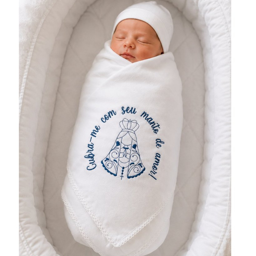 Cueiro Manta Bebê Bordado Nossa Senhora Aparecida | Manta de Bebê Personalizada | Enxoval Bebê | Maternidade