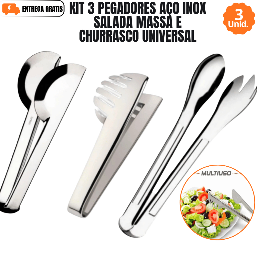 Kit 3 Pegadores Aço Inox Salada Massa E Churrasco Universal