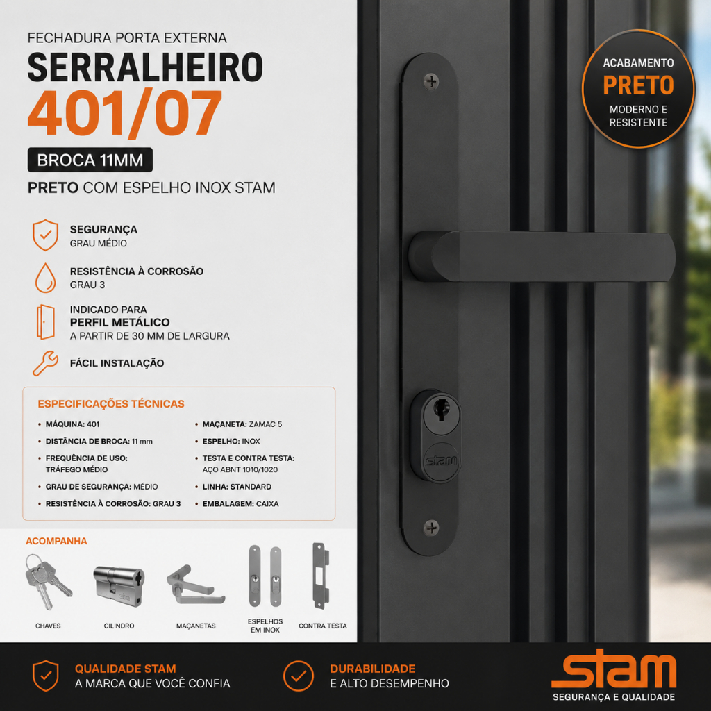 Fechadura 401/07 Porta Externa Serralheiro Branco Espelho de Inox Stam