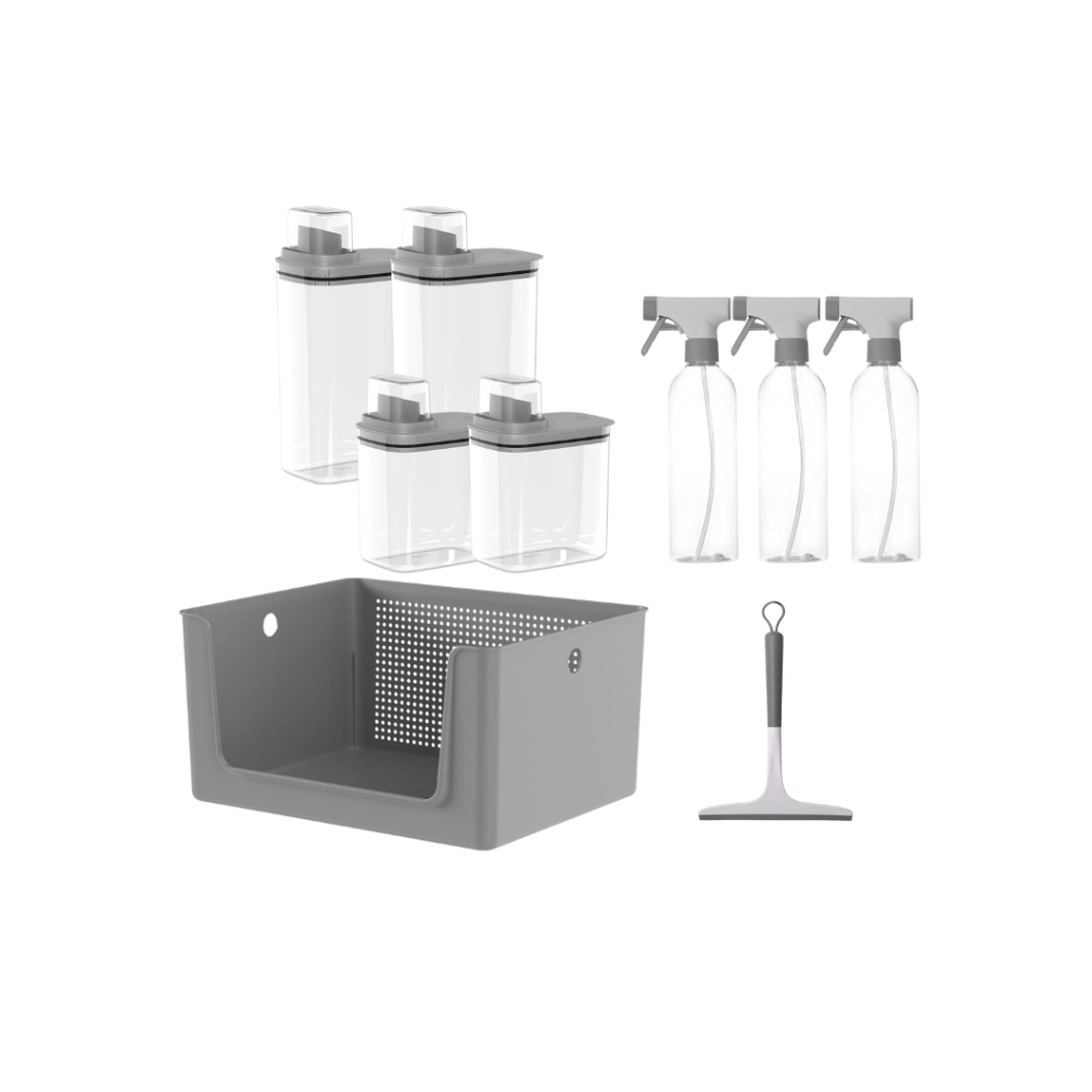 Kit 9 Organizador Lavanderia Dispenser 1,5 E 2,3 Litros, 3 Borrifadores 500ml, Rodo e Cesto 16 Litros OU