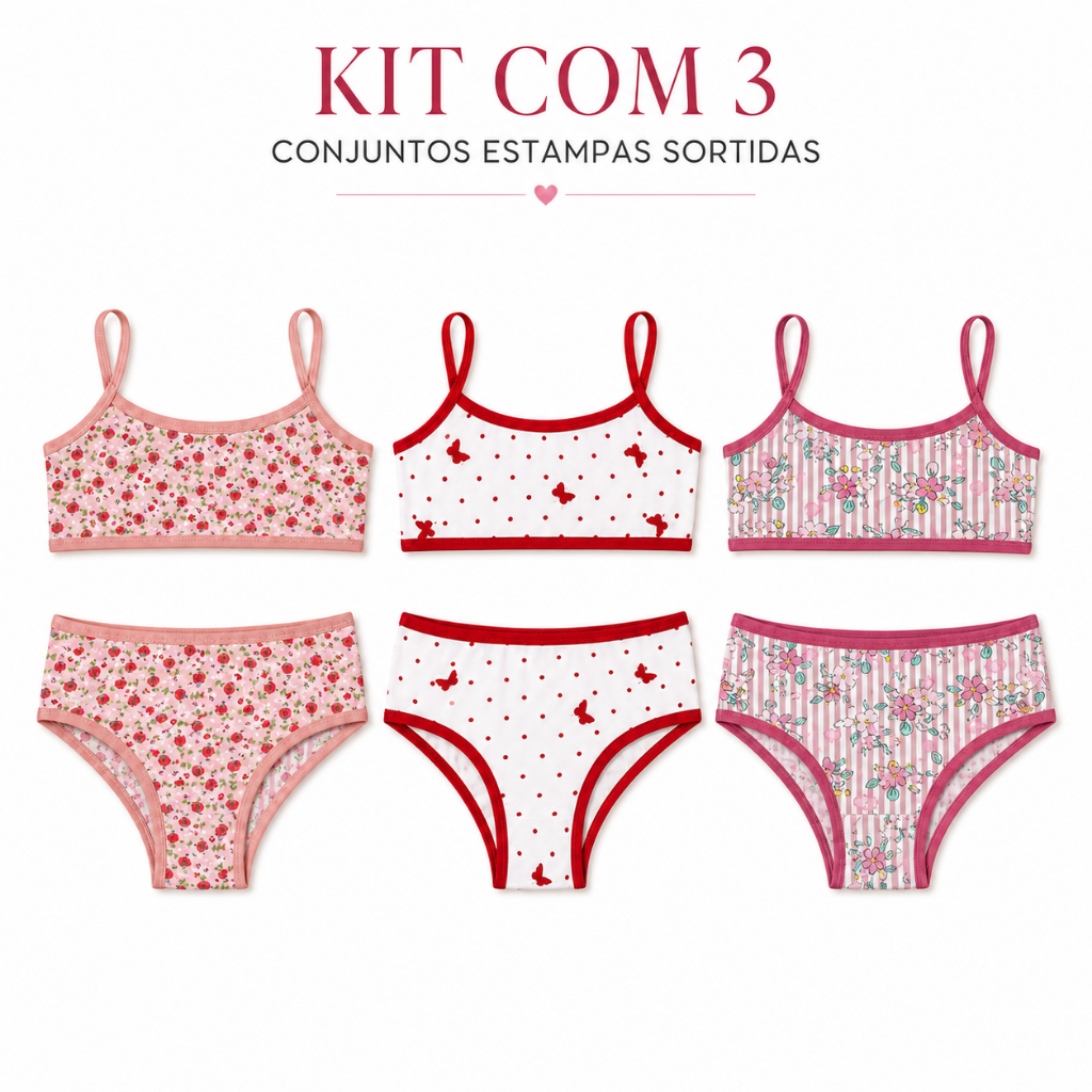 Kit 3 Conjuntos Infantil Feminino Calcinha e Top Estampados Poliéster
