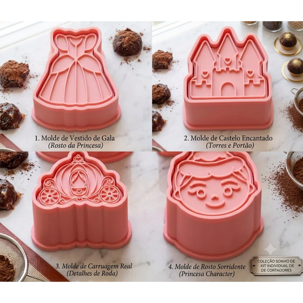 Kit 4 mini Cortadores de Biscoito e Brigadeiro Princesa Rosa - Vestido, Castelo, Carruagem e Princesa