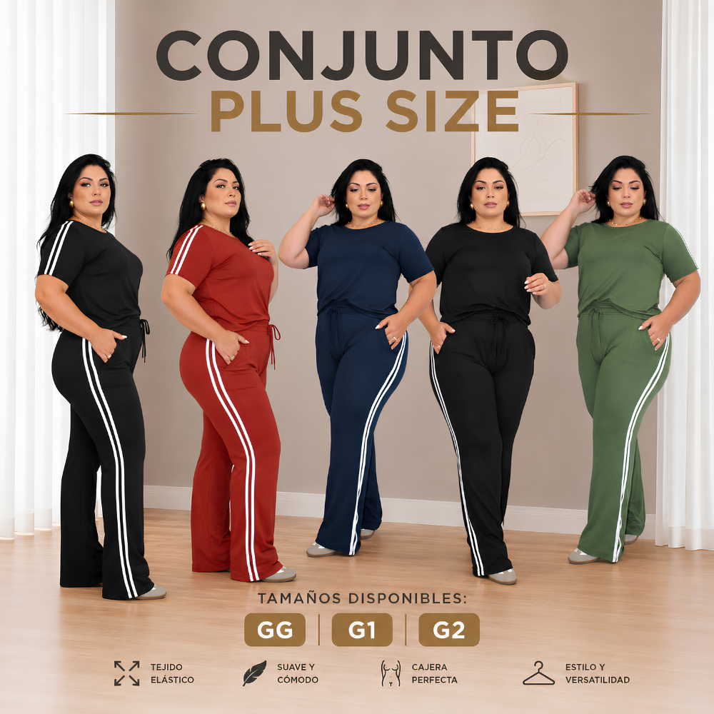 Conjunto Feminino Plus Size em Moletinho Premium com Listras Laterais e Caimento Confortável Inverno, Verão