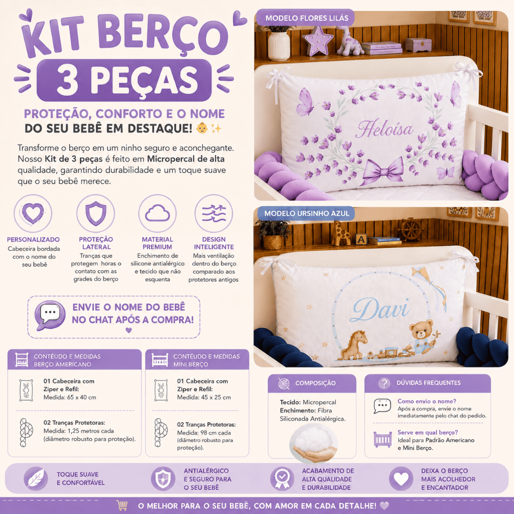 Kit Berço Americano ou Portátil ou Mini berço cabeceira personalizada nome + trança menino menina