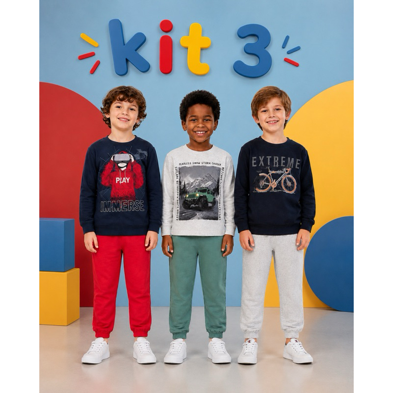 Kit 3 Conjuntos Infantil Menino Moletom Inverno Roupa Quente Confortável Frio Casual Estiloso Oferta