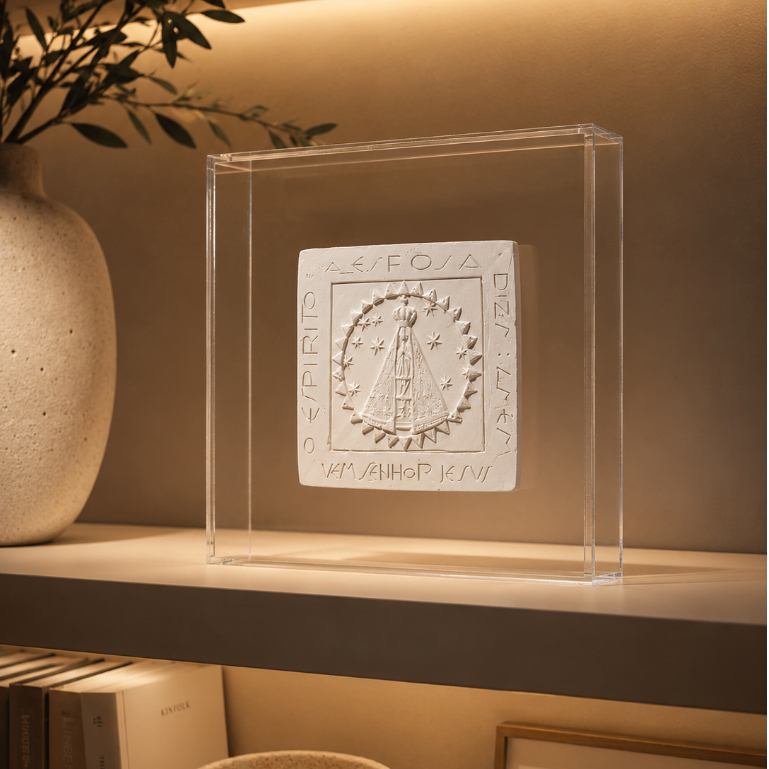 Moldura Acrílico Nossa Senhora Aparecida Gesso Quadrado Quadro Parede Mesa Caixa Acrilica Transparente 14x14