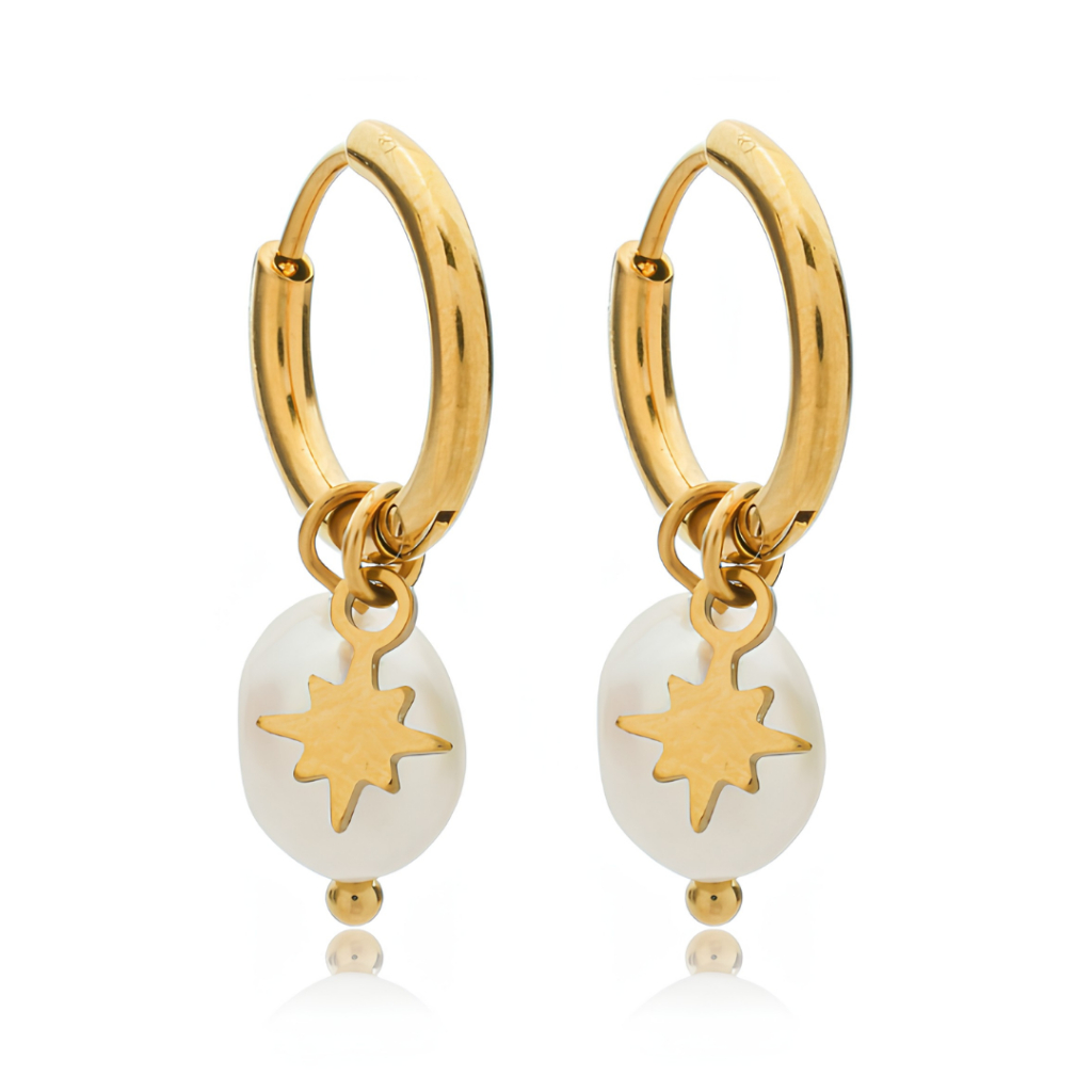 Brinco Argola Star Pearl Estrela Com Pérola Banhado A Ouro 18k Feminino Elegante Joia Tendência