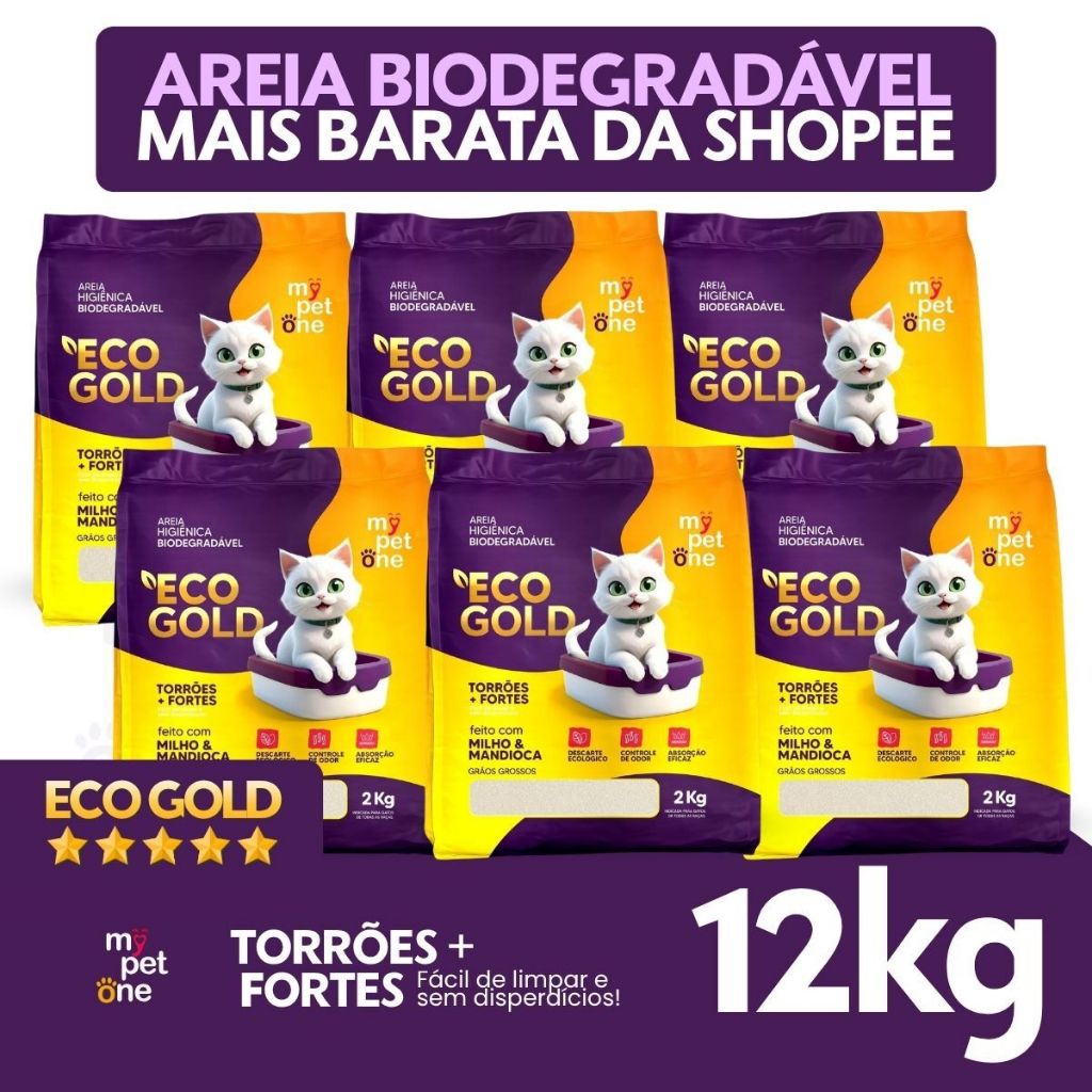 Kit 6 Areia Biodegradável Gatos Eco Gold Grossa MyPetOne 12kg