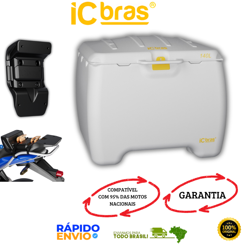 Caixa Baú 140 Litros Com Suporte Universal Motoboy Icbras Branco Para Moto Bauleto ICBRAS Motoboy