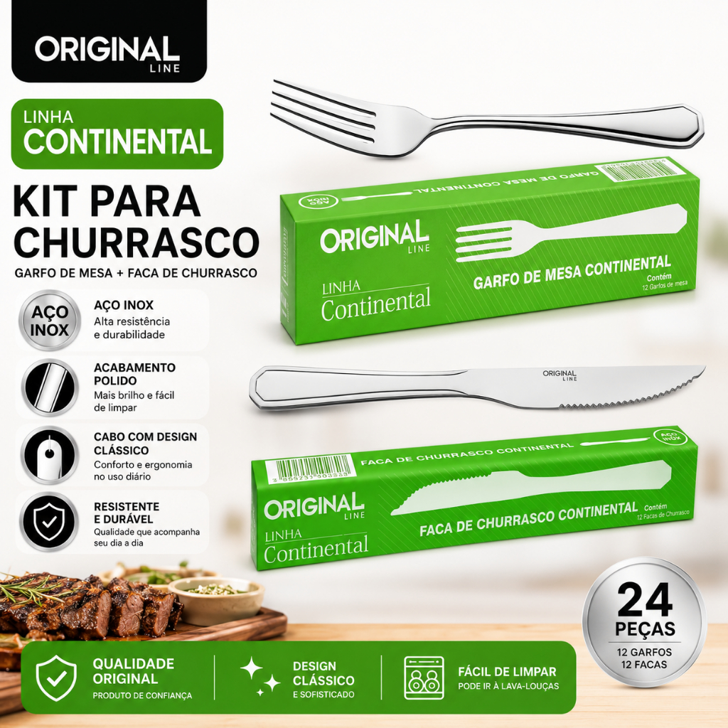 Kit Faqueiro 24 Peças Original Line Continental Jogo de Talheres Inox Garfos e Facas Jogo de Cozinha