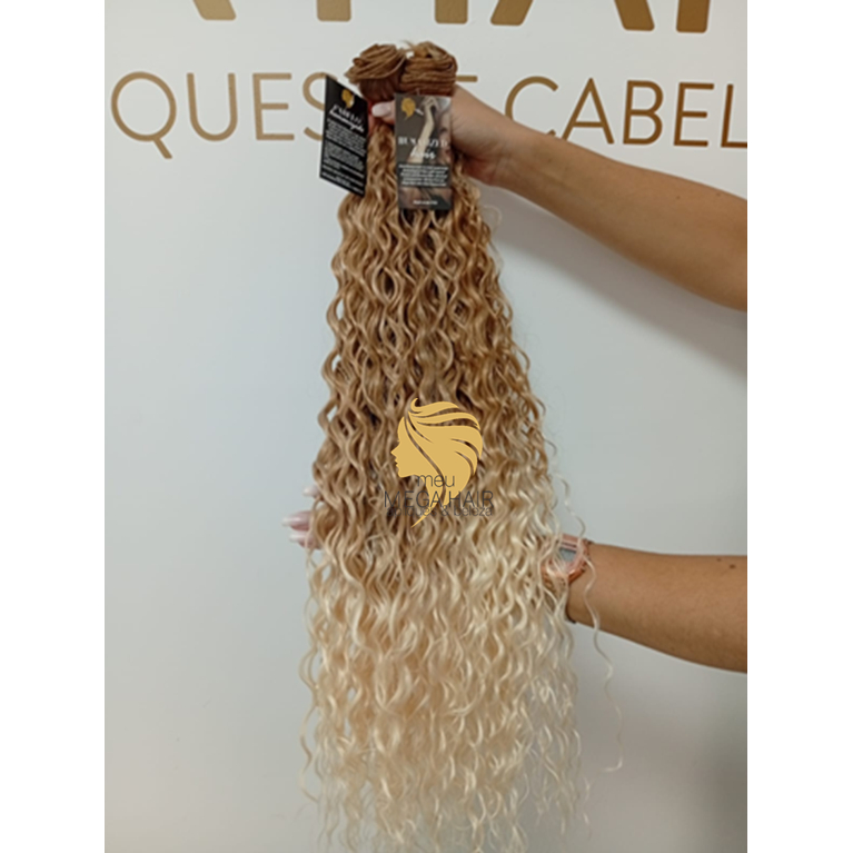 Aplique Cabelo 100% Semi Humano Telado Cacheado Loiro Perola 60cm igual Brasileiro do Sul