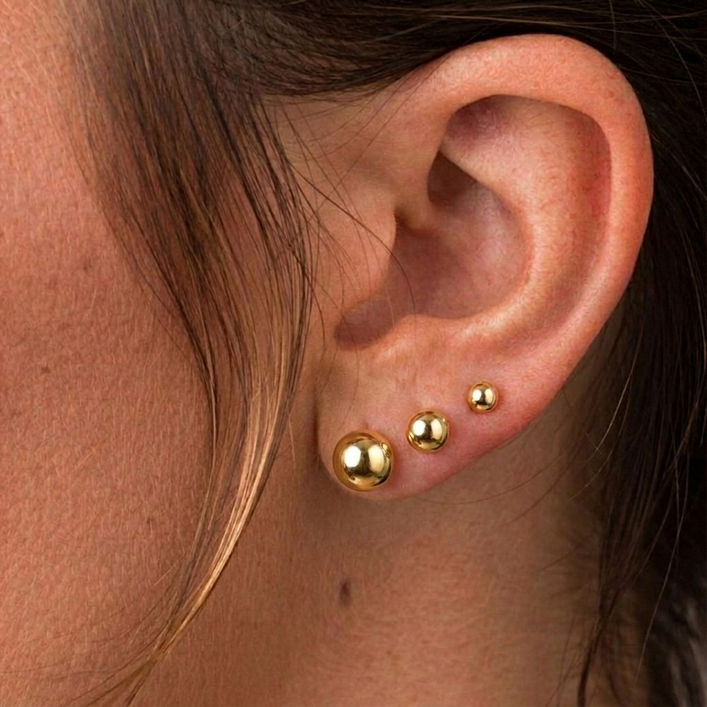 Trio Brinco Bolinha Lisa Dourado e Prata Feminino Semijoia Banho Ouro 18k e Prata 925