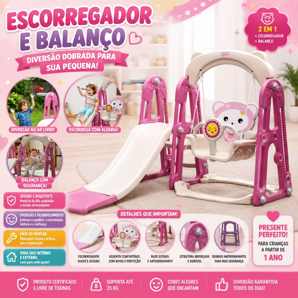 Playground 3 em 1 Escorregador Balanço Basquete Rosa Infantil Importway Crianças 2 Anos