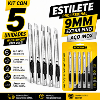 Kit 5 Estilete Profissional 9mm Aço Inox Reforçado Cortador Caixa Papelão Precisão Segurança Oferta