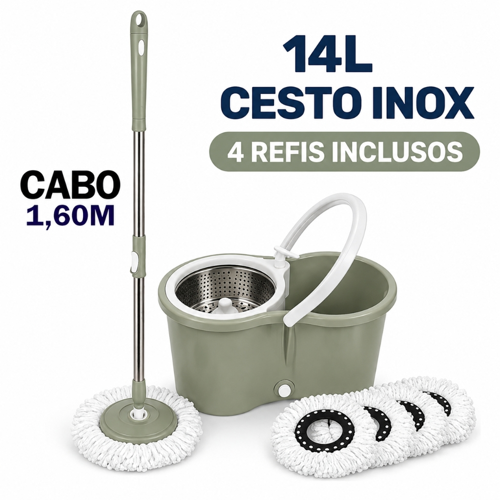 Balde Mop Giratório 360 com 4 Refis Cesto Inox Cabo Grande 160cm Dispenser Sabão Rodinhas 14 Litros