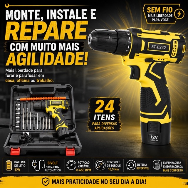 Parafusadeira Furadeira Sem Fio 12V Bateria Lítio Kit 24 Peças Mandril 3/8 Bivolt Reversível