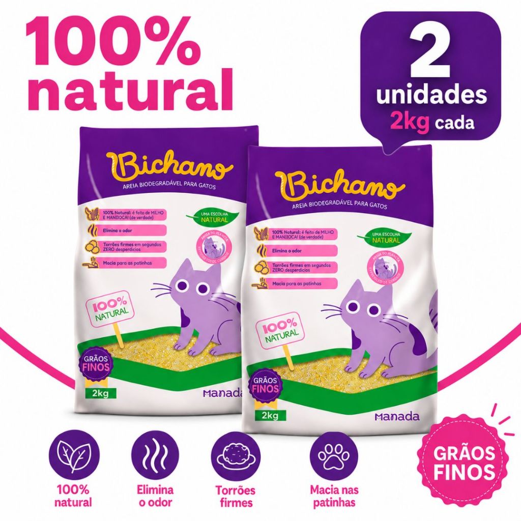 Kit 02 Areia Biodegradável Bichano Para Gatos Cat Grãos Finos 2kg Bio Milho e Mandioca Grão Fino Manada