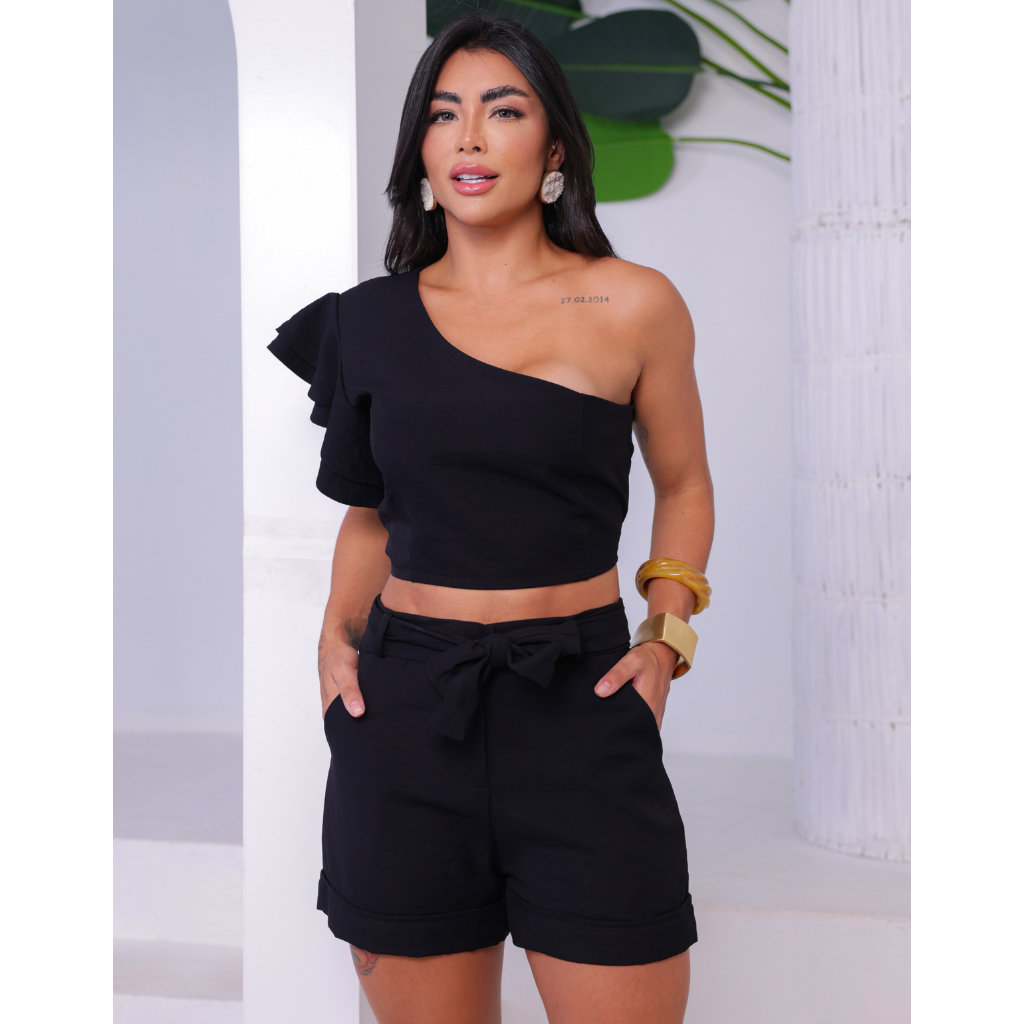 Conjunto Feminino Shorts e Cropped Mula Manca Alfaiataria Marrant Social Tedência Primavera Verão
