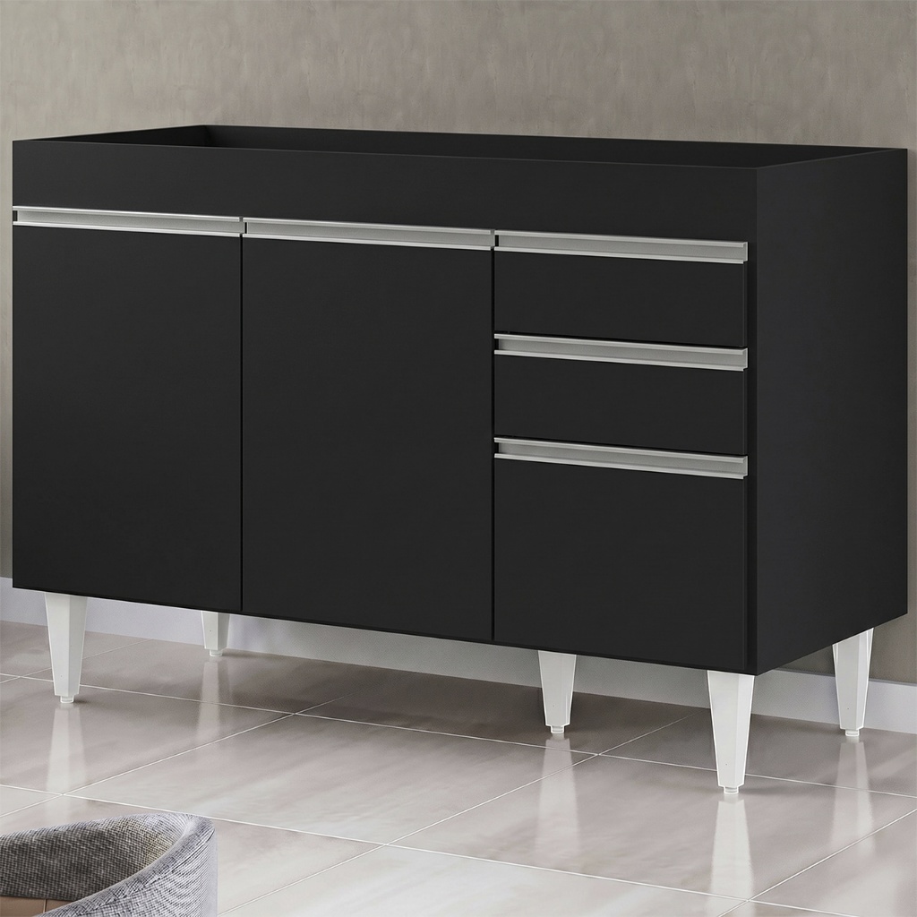 Balcão Gabinete Para Pia 120cm sem Tampo 3 Portas 2 Gavetas Michigan Preto - Lum