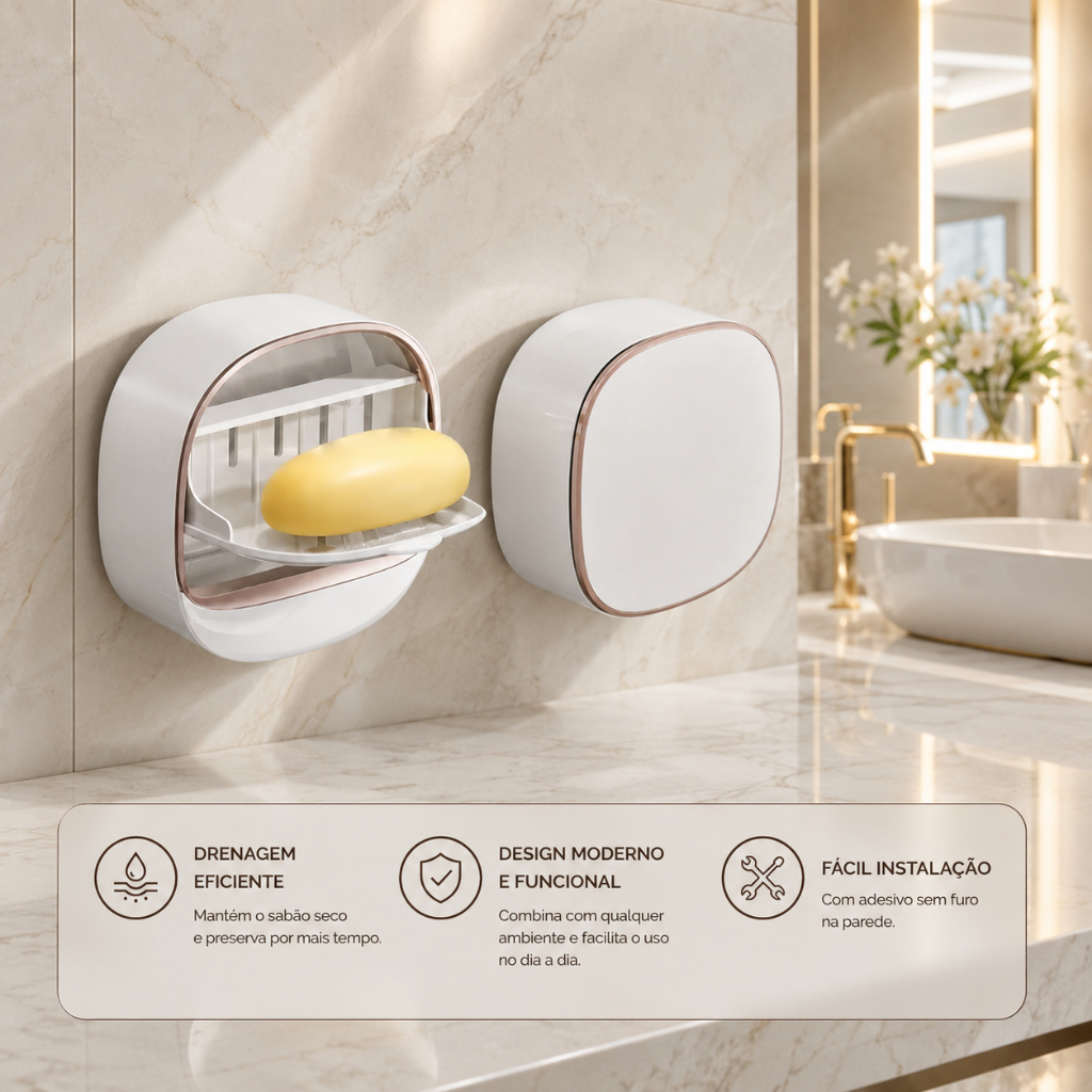 Saboneteira Luxo Premium de Parede Para Banheiro Multiuso Tampa Articulada Com Escorredor Sem Furo